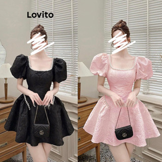 Lovito Casual Vestido Feminino Liso de Festa Drapeado de Manga Bufante com Pérolas e Tecido Texturizado L70AD082 (Rosa/Preto)