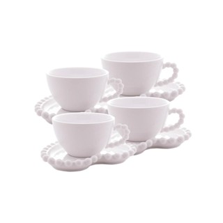 4 Xícaras para Chá Wolff Coração Beads de Porcelana Branco