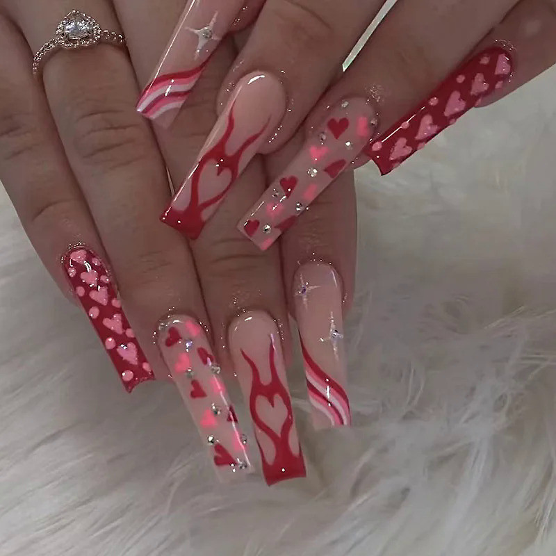 24 pcs/Box Long T Handmade Dia dos Namorados Francês Chama Onda Amor Com Diamante Falso Prego Enhancement Impermeável Gel Unhas Falsas