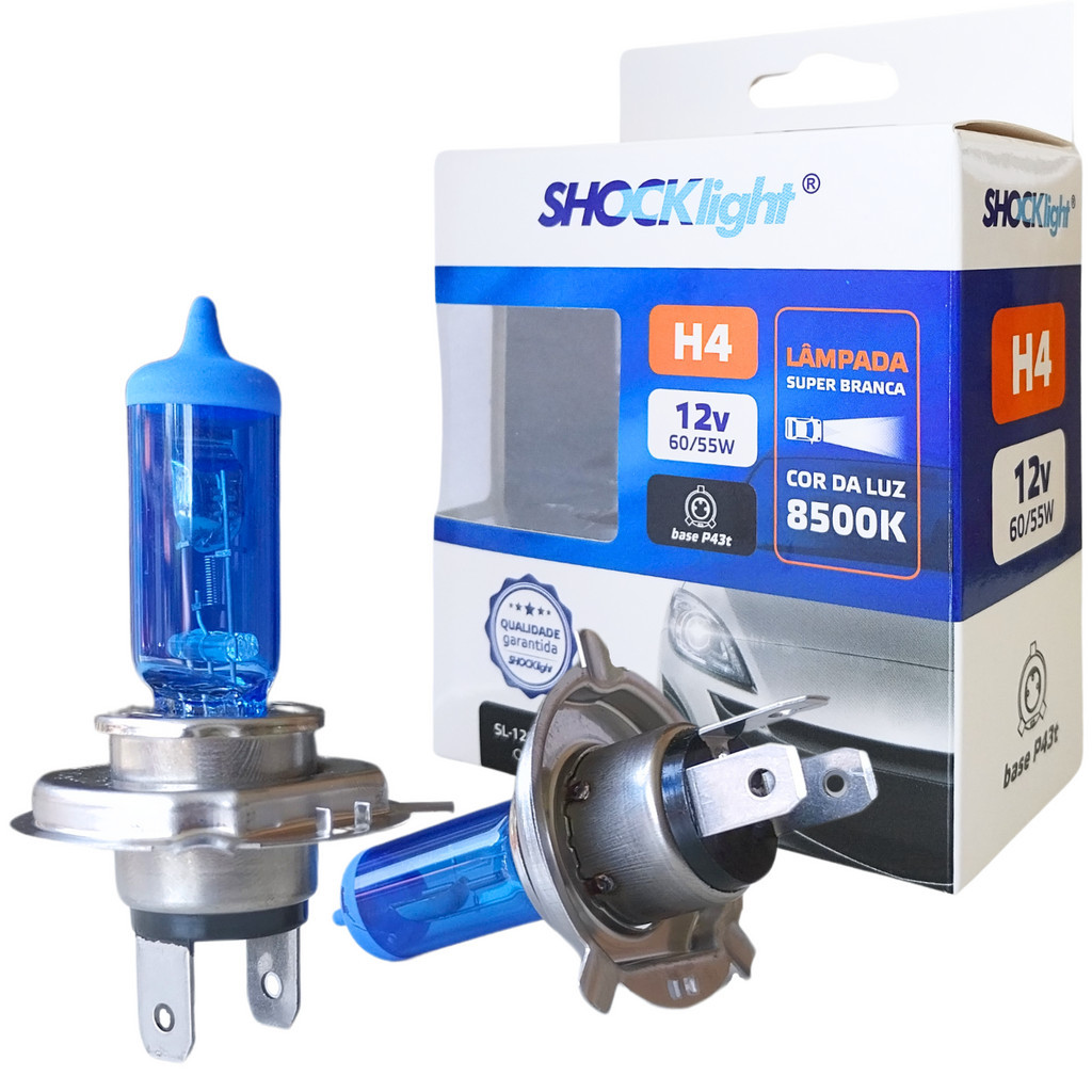 PAR LAMPADA SUPER BRANCA H4 12V 60/55W HALOGENA 8500K FAROL