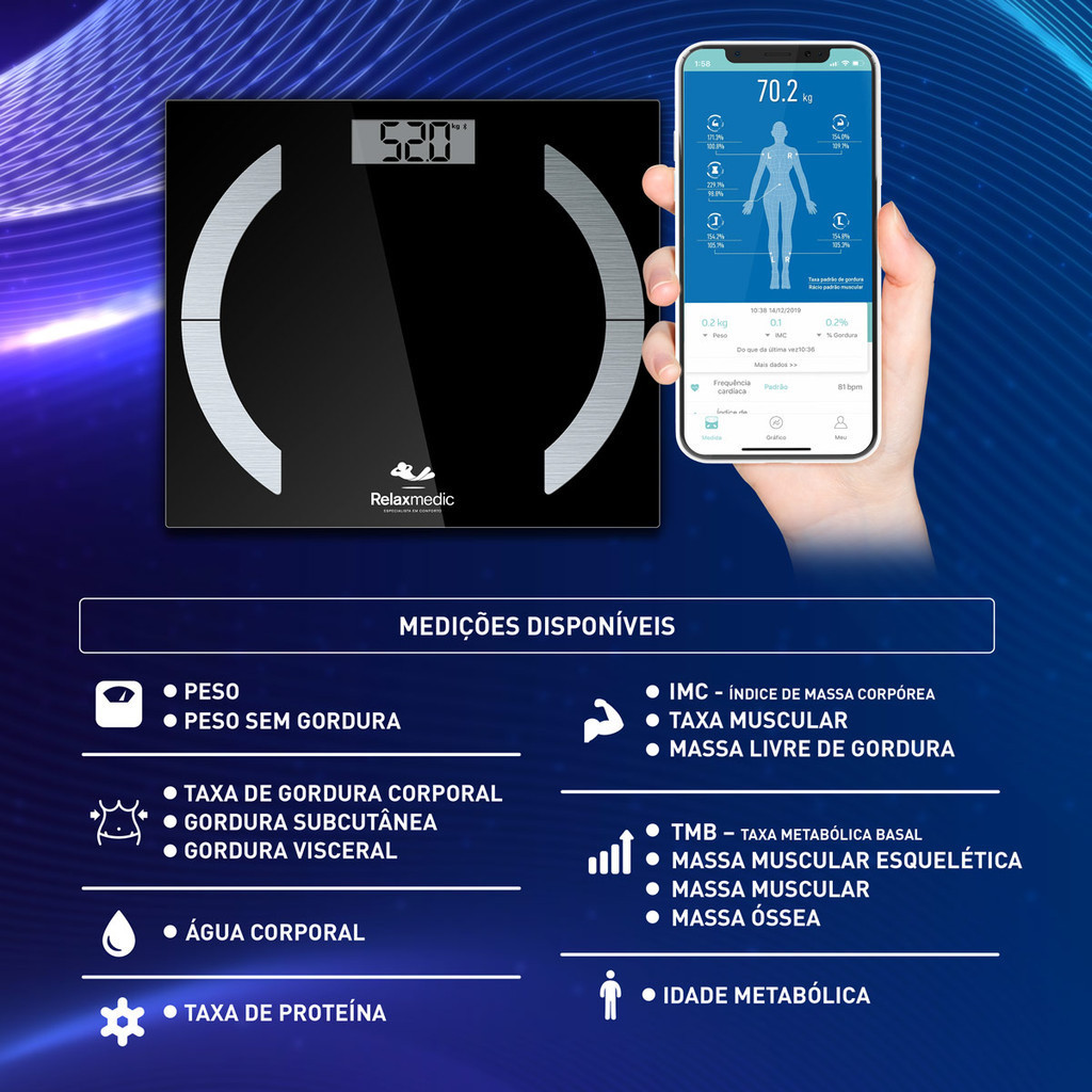 Detalhes do Balança Digital Corporal Com Bluetooth E Bioimpedância Elegance App Relaxmedic