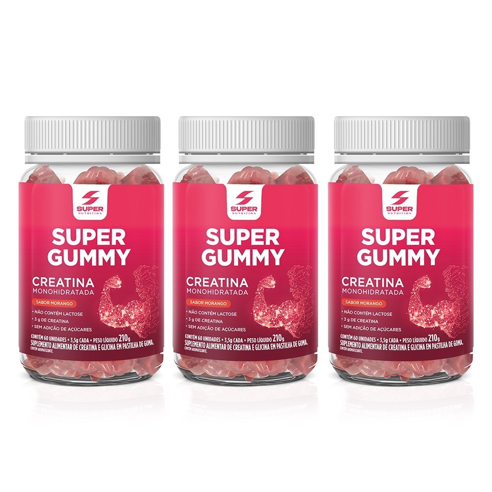 Kit 03 Super Gummy Creatina Sabor Morango