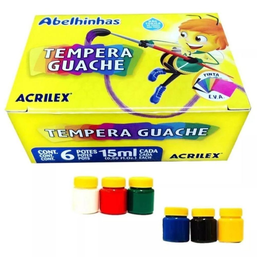 Tinta Têmpera Guache Acrilex 6 Cores 15ml Kit Tinta Escolar Atóxica
