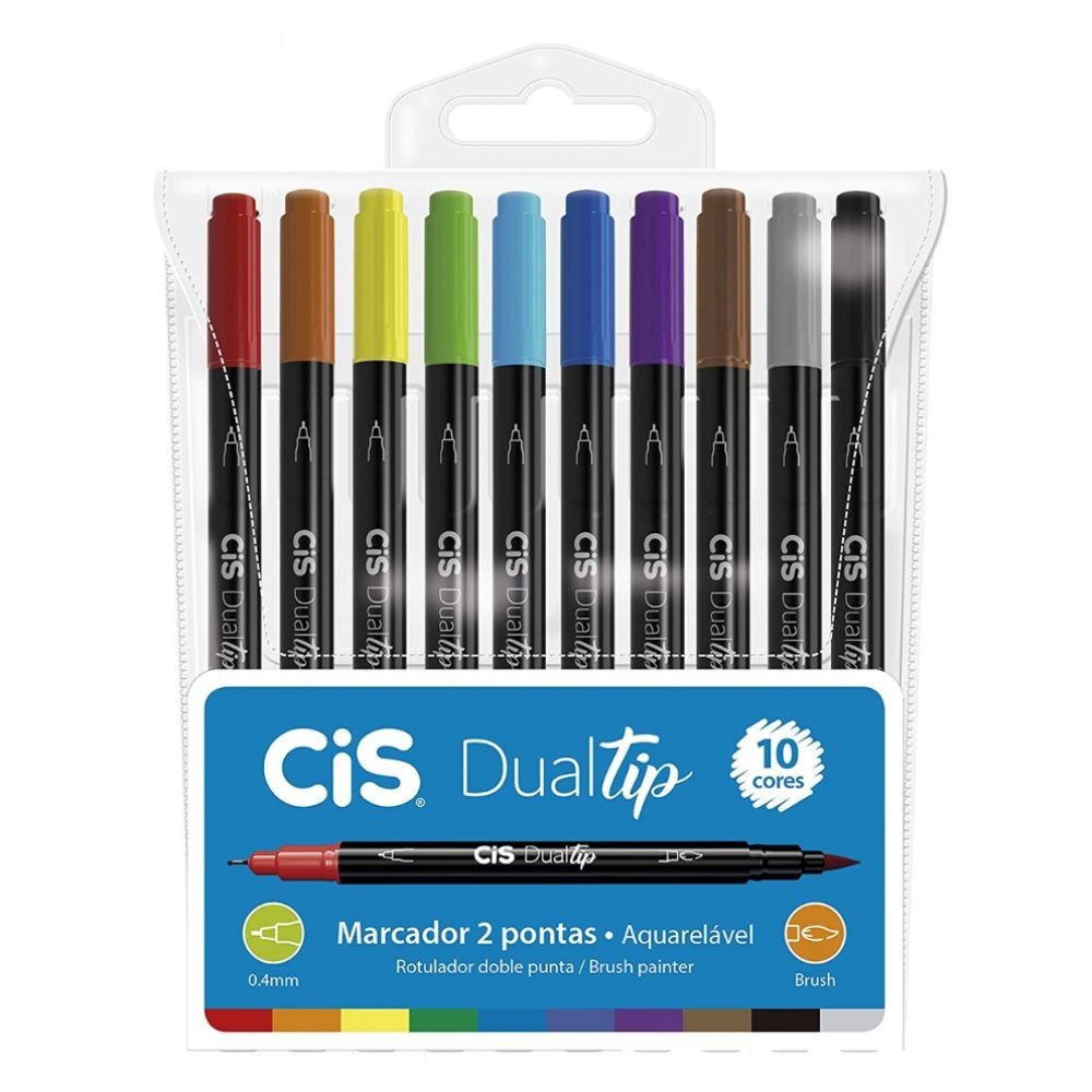 Conjunto de canetas Brush Cis Dualtip Marcador Artístico Aquarelável com 10 cores em Oferta na Shopee