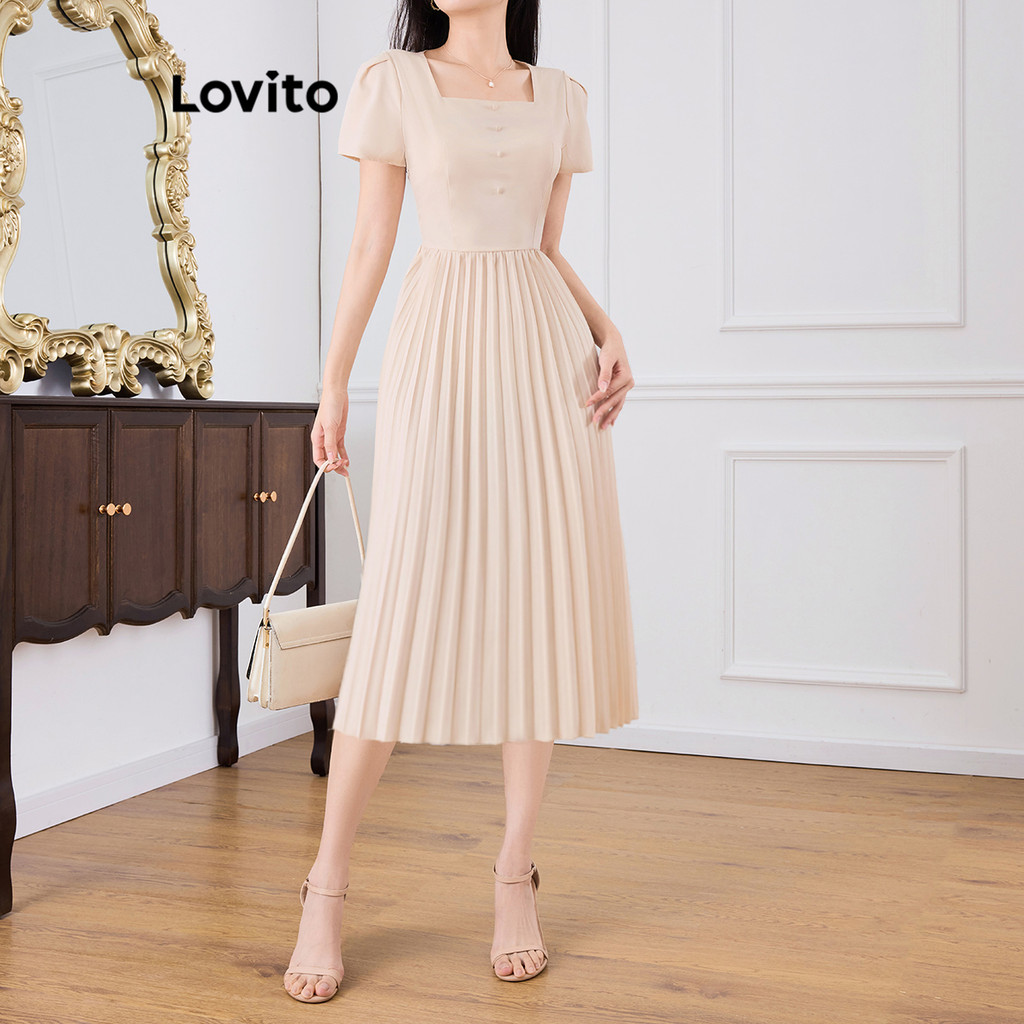 Detalhes do Lovito Vestido casual simples drapeado plissado com botões para mulheres L121AD1058