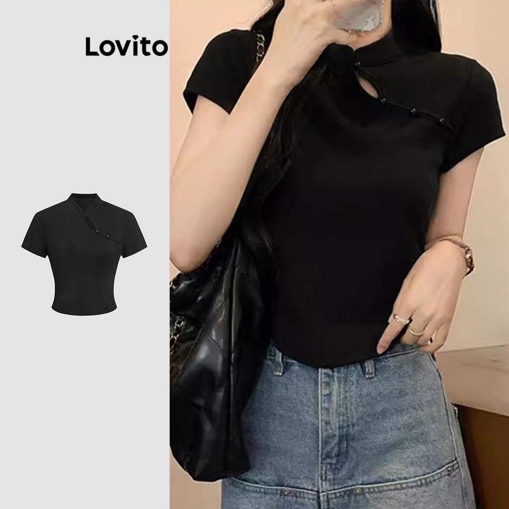 Lovito Camiseta casual de malha canelada lisa com recorte para mulheres L113MD363 - Women Clothes