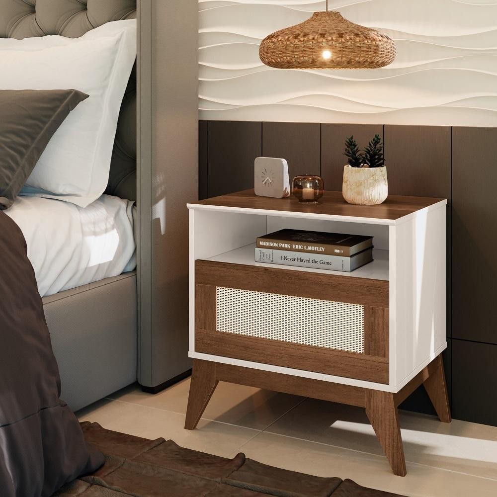 Mesa de Cabeceira Rattan pés e tampo em MDF 1 Gaveta Retrô em Oferta na Shopee