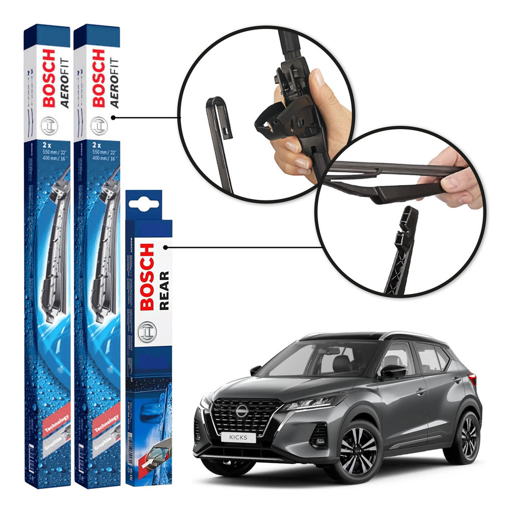 Kit 3 Palhetas Dianteiras Aerofit + Traseira REAR Original Bosch Nissan Kicks 2016 A 2024