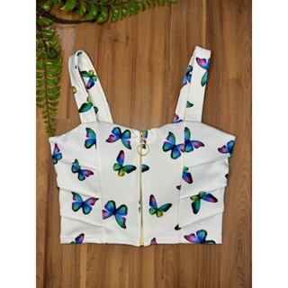 Cropped Feminino Suplex Top Zipper Borboleta Com Bojo Fashion