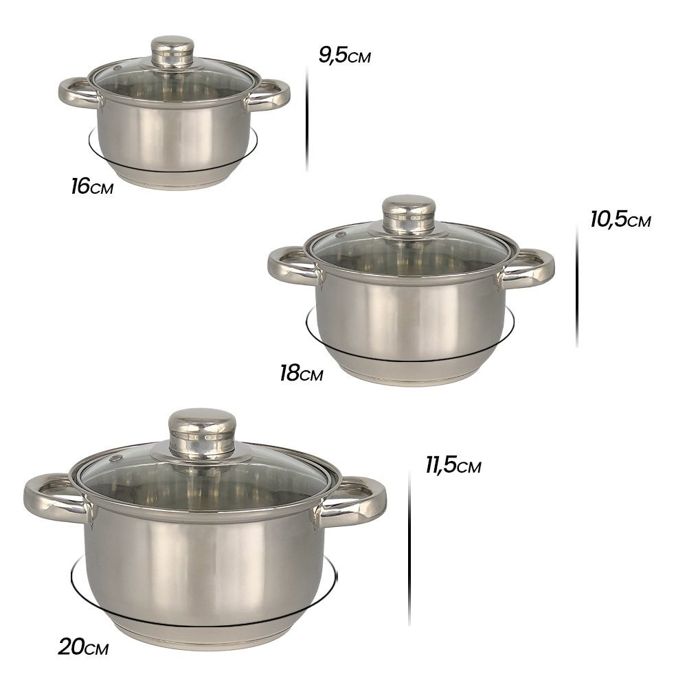 Conjunto Panelas 5 Peças Tampa Vidro Aço Inox Kit Conjunto de Panela de Cozinha Vasilha Caçarola Recipiente Envio Imediato Compra Parcelada