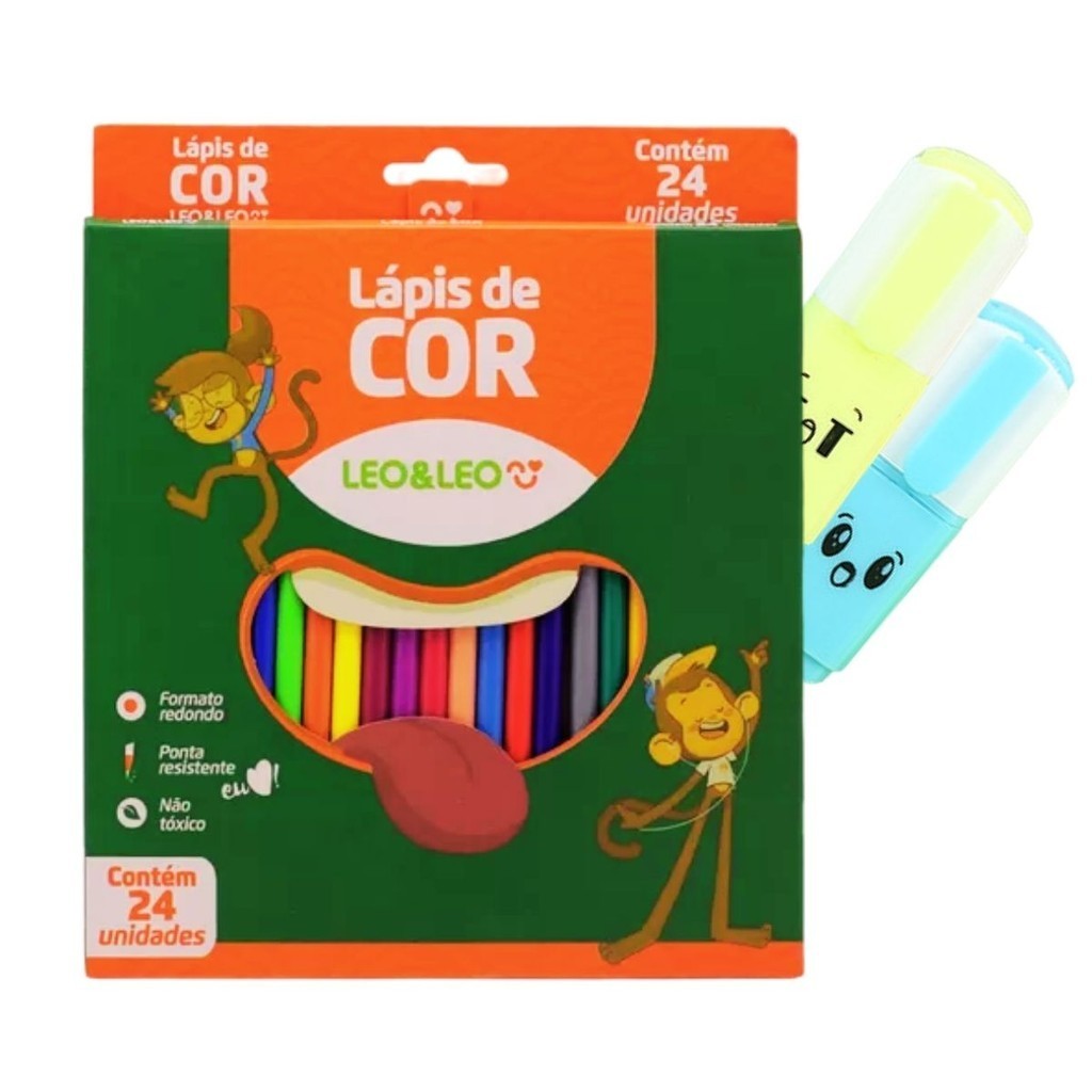Kit Escolar Lápis de Cor 24 Cores Leo e Leo + 2 Marcadores