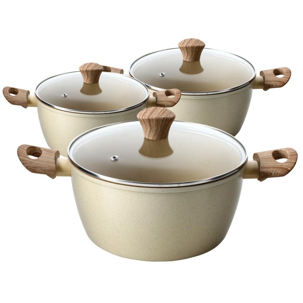 Imagem Jogo de Panelas Caçarola Com Tampa Cerâmica Antiaderente Indução (Bege)