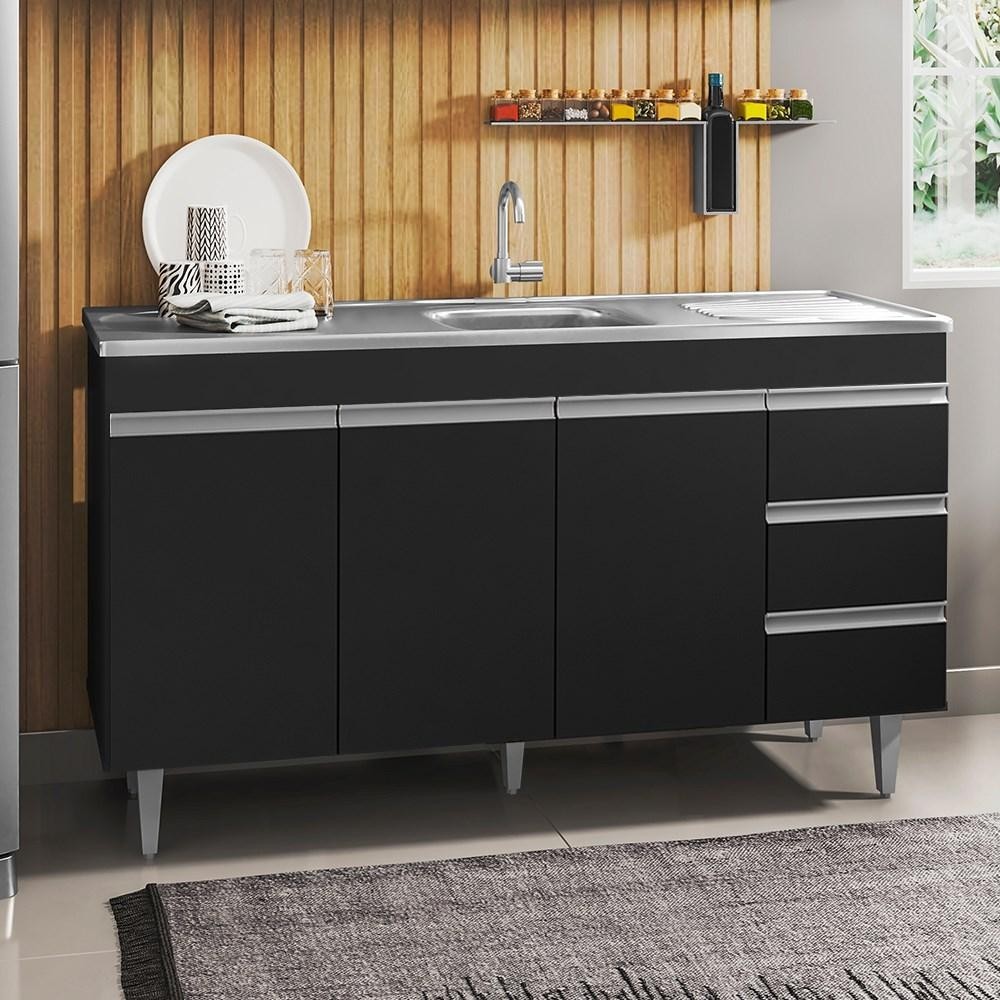 Balcão Gabinete com Pia Inox 150cm 3 Portas 3 Gavetas Andréia Preto Total - AJL Móveis em Oferta na Shopee