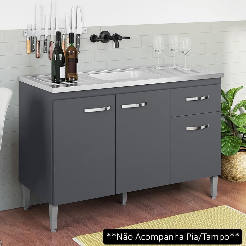 Balcão de Cozinha Gabinete de Pia Sem Tampo 120cm 3 Portas e 1 Gav Gabriela Cinza - AJL em Oferta na Shopee
