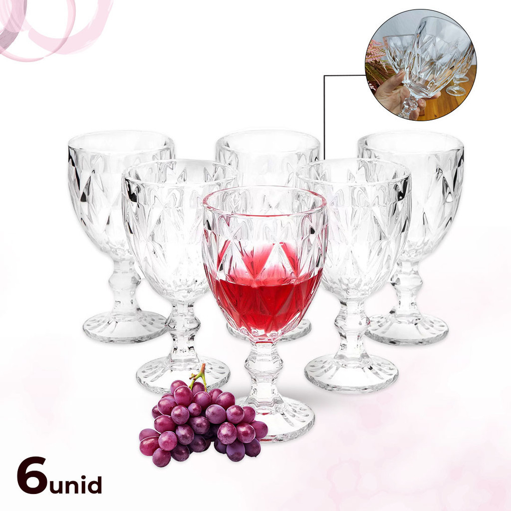 Jogo 6 Taça Diamante Copo Vidro Transparente 330ml