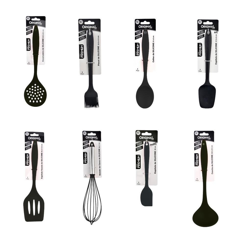 Jogo 8 Peças Utensílios de Cozinha Silicone Colher Espátula talheres fue preto vermelho