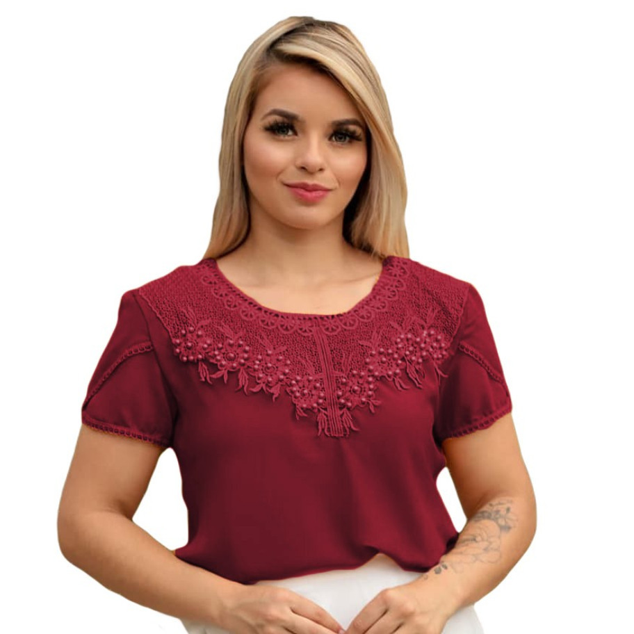 Blusa Camisa Vinho Bordô Marsala Manga Curta Renda Social Pérola Bolinha Crepe Moda Evangelica Laço Lacinho Romantica Congresso