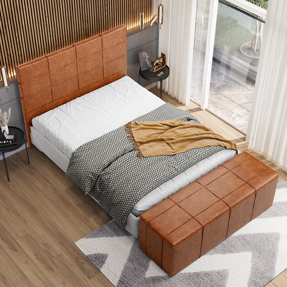 Kit Cabeceira Cama Box King 195cm com Calçadeira Roma W01 Couríssimo Camel - Lyam em Oferta na Shopee