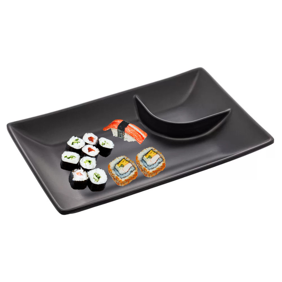 KIT 10 Pratos para Comida Japonesa Sushi Temaki Molheira Melamina Preto 19CM