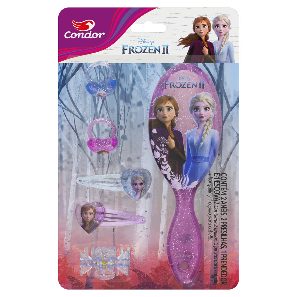 Kit Escova + Prendedor + 2 Presilhas + 2 Anéis Frozen Ii Condor - Beauty