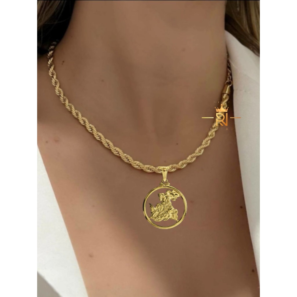 Colar Feminino Cordão Baiano Banhado Dourado C/Pingente São Jorge Aço Inox Antialérgico 11 rn