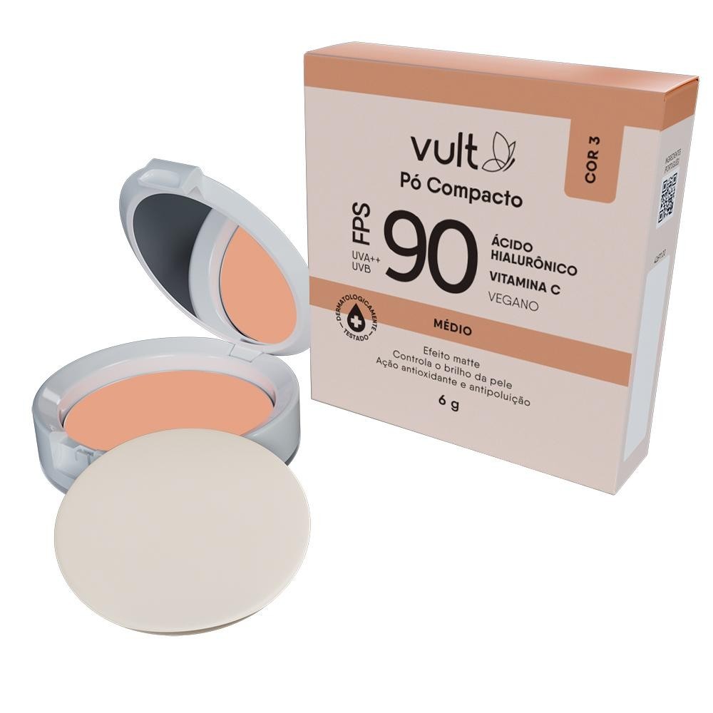 Pó Compacto Vult Facial Médio Cor 3 FPS 90 Vult 6g