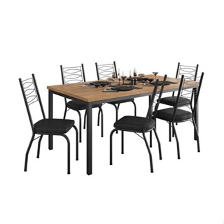 Conjunto de Mesa Retangular com Tampo de MDP Amadeirado e 6 Cadeiras Adriana Revestimento Sintético Preto em Oferta na Shopee