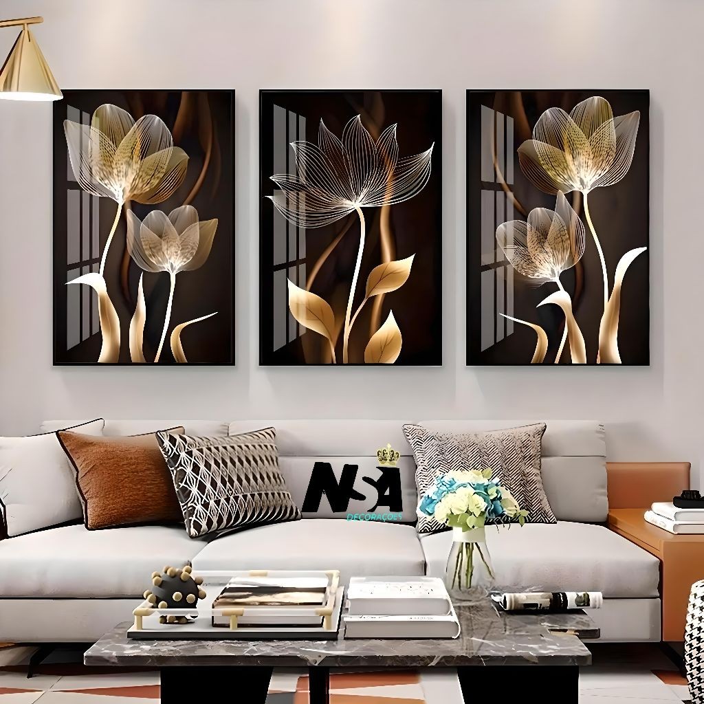 Kit quadro decorativos abstrato preto marrom flor dourada, luxo preto dourado