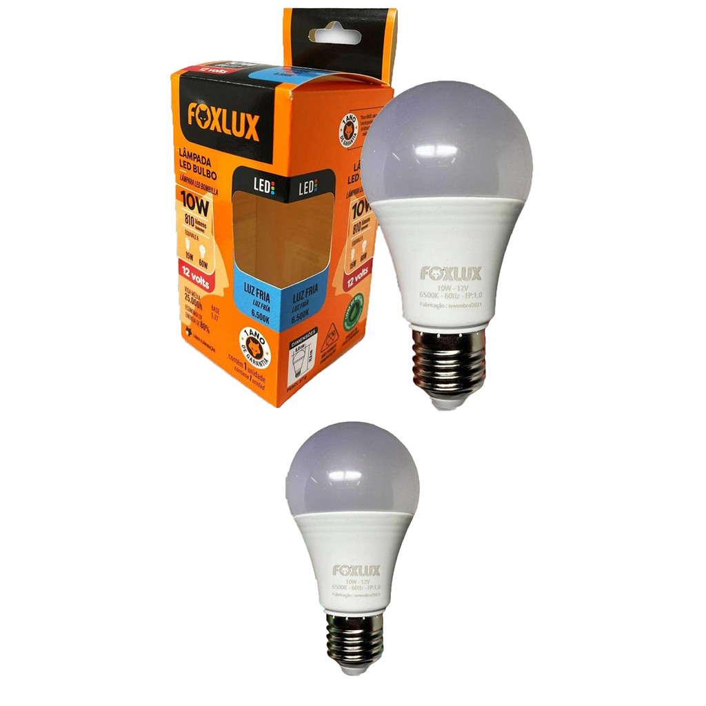 Kit 2 Lampada LED Bulbo A60 10W 12V 6500K Foxlux em Oferta na Shopee