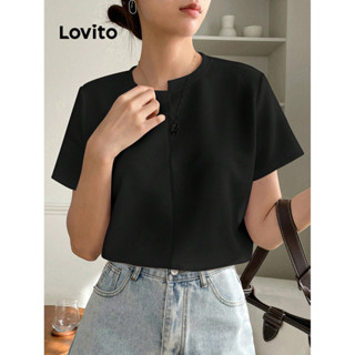 Lovito Casual Camiseta Feminina Lisa Assimétrica L70AD020 (Preto)