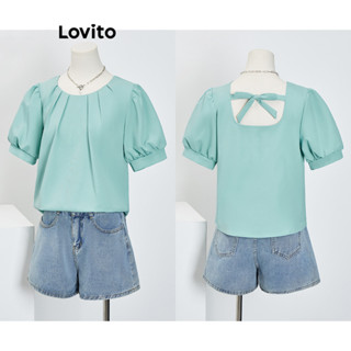 Lovito Casual Blusa Feminina Lisa Plissada de Manga Bufante com Laço Traseiro L70AD004 (Verde Claro)