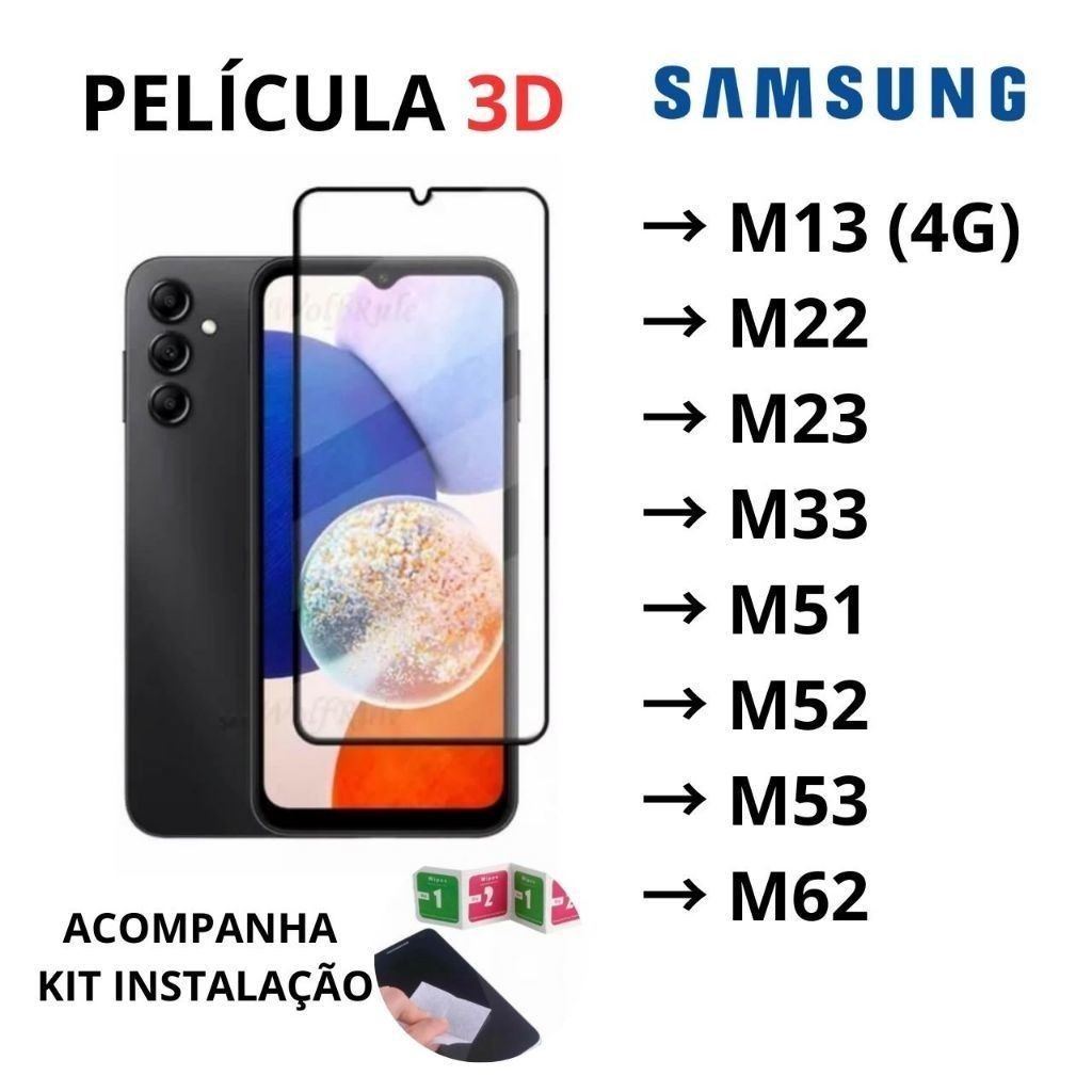 Película De Vidro 3D + Grossa Para Samsung Modelos M13 4G M30 M51 A20S A20/A30/A50 A24 4G/5G A25 A34 5G A70 A73 M22 M32 A22 5G A31 M21S A32 4G A33 5G A51 A71 A80/A90