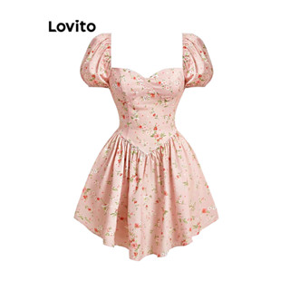 Lovito Vestido Casual Ditsy Floral Drapeado Com Manga Bufante Para Mulheres L76AD179