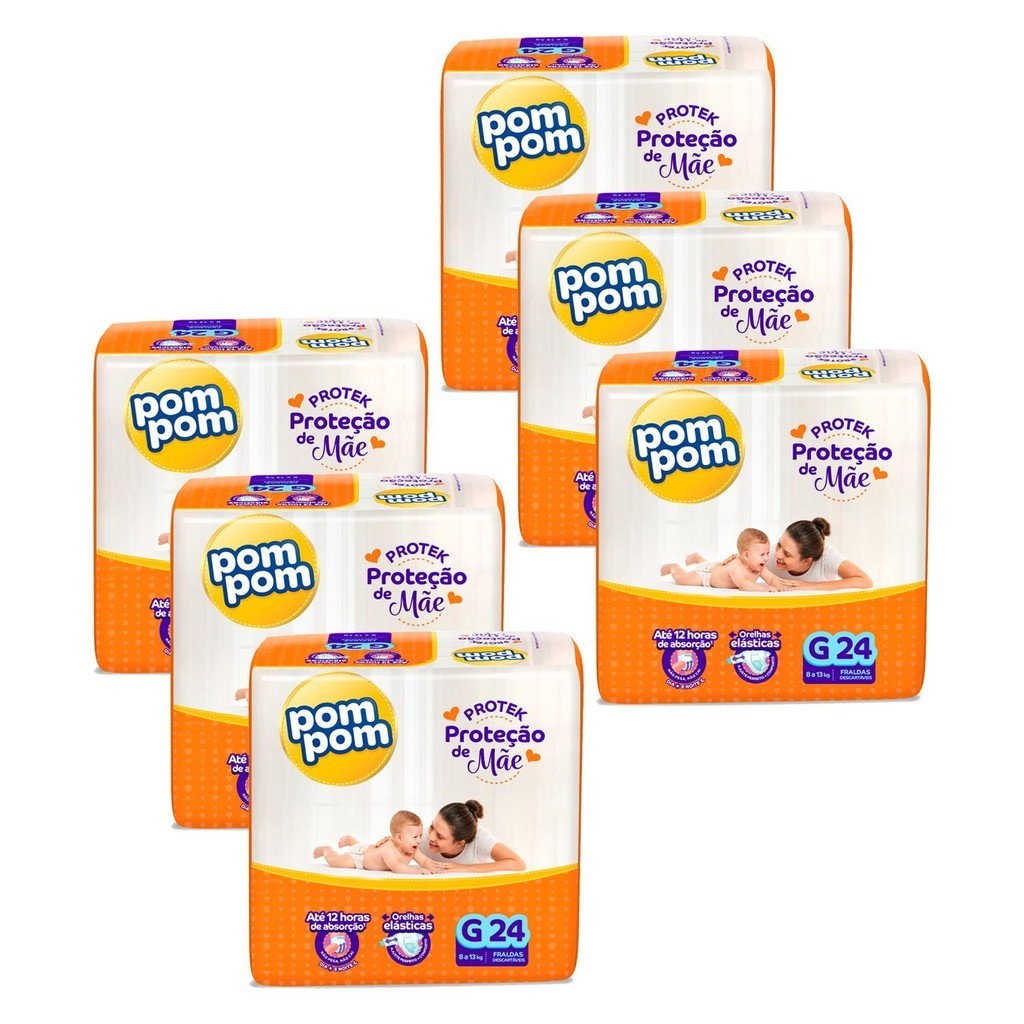 Kit 6 Fraldas Pom Pom Protek Proteção de Mãe Jumbo G com 24un cada em Oferta na Shopee