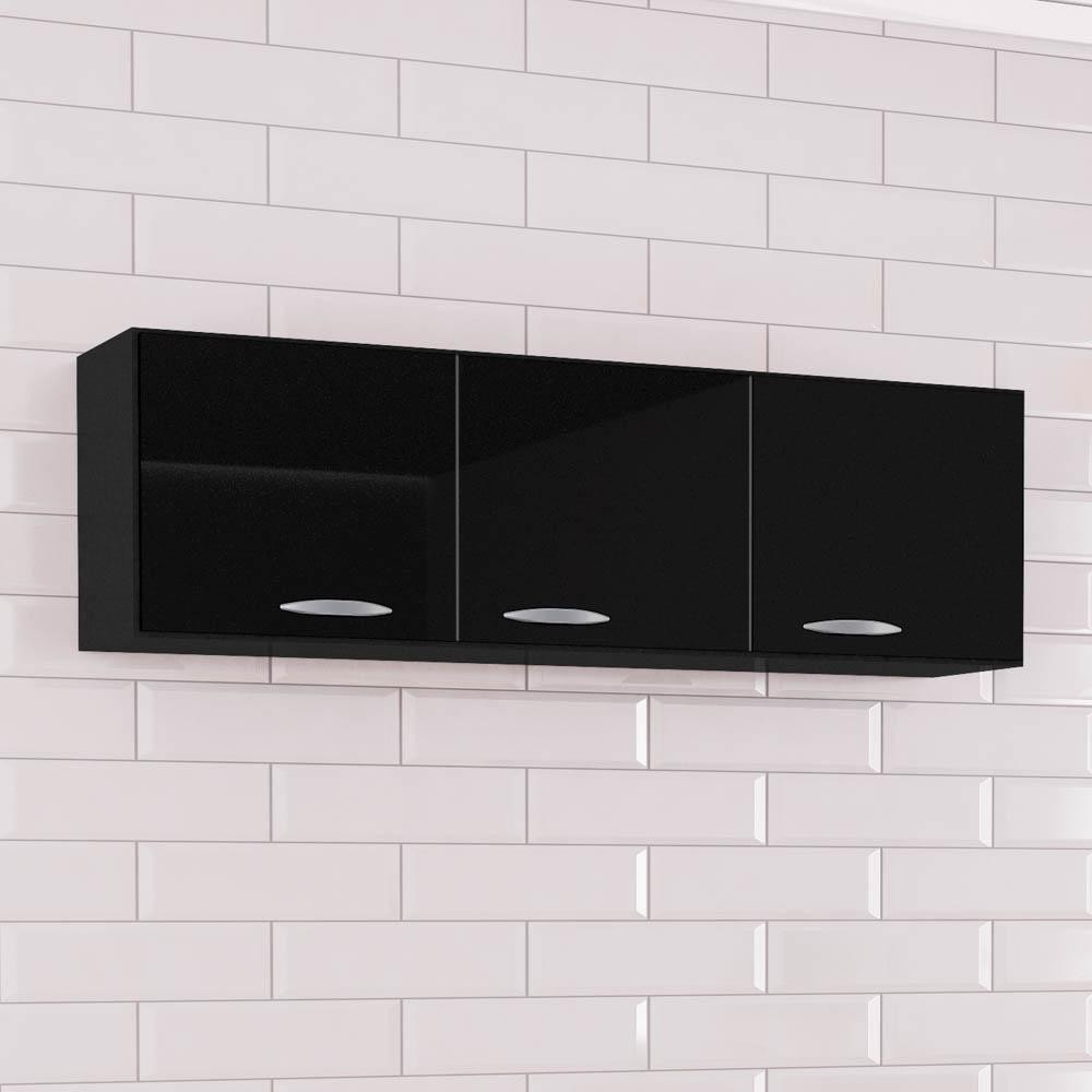 Armário Aéreo de Cozinha 120cm 3 Portas Classic Preto - Poquema em Oferta na Shopee