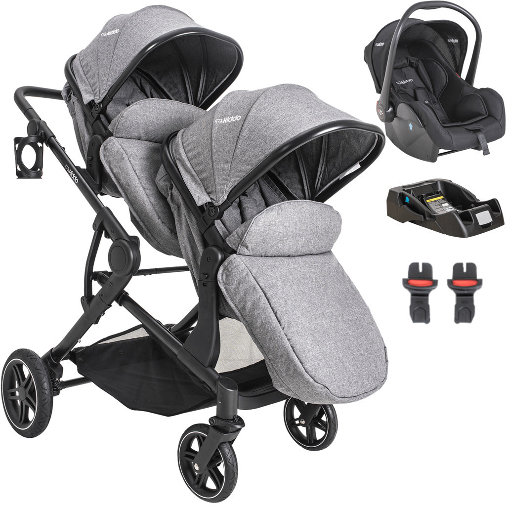 Carrinho de Bebe para Gemeos Kiddo com Bebe Conforto Base Pair Cinza