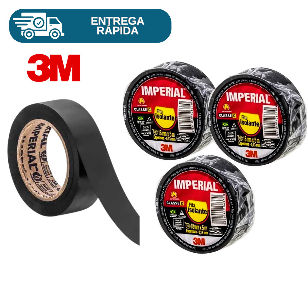 Kit 3 Fita Isolante 3M Imperial Slim Preta 18mm - 5 Metros 10 Metros e 20 Metros Cabos Manutenção