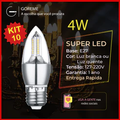 Kit 10 Lâmpadas Vela LED Lustre 4W E27 Pendente Moderno Branco Frio (6000K) ou Quente (3000K), Bivolt