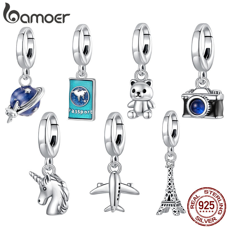Bamoer 925 Prata Esterlina Charme Em Todo O Mundo Viagem Passaporte Câmera Pingente Acessórios DIY Para Pulseira Present