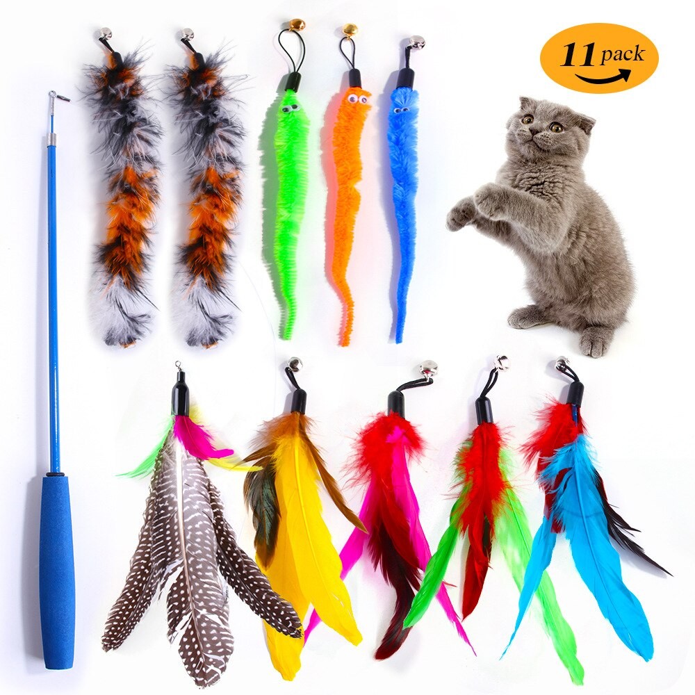 Conjunto De Brinquedos De Penas De Gato De Substituição , 11 Peças , Cabeça , Retrátil , Vara , Produtos Para Gatos
