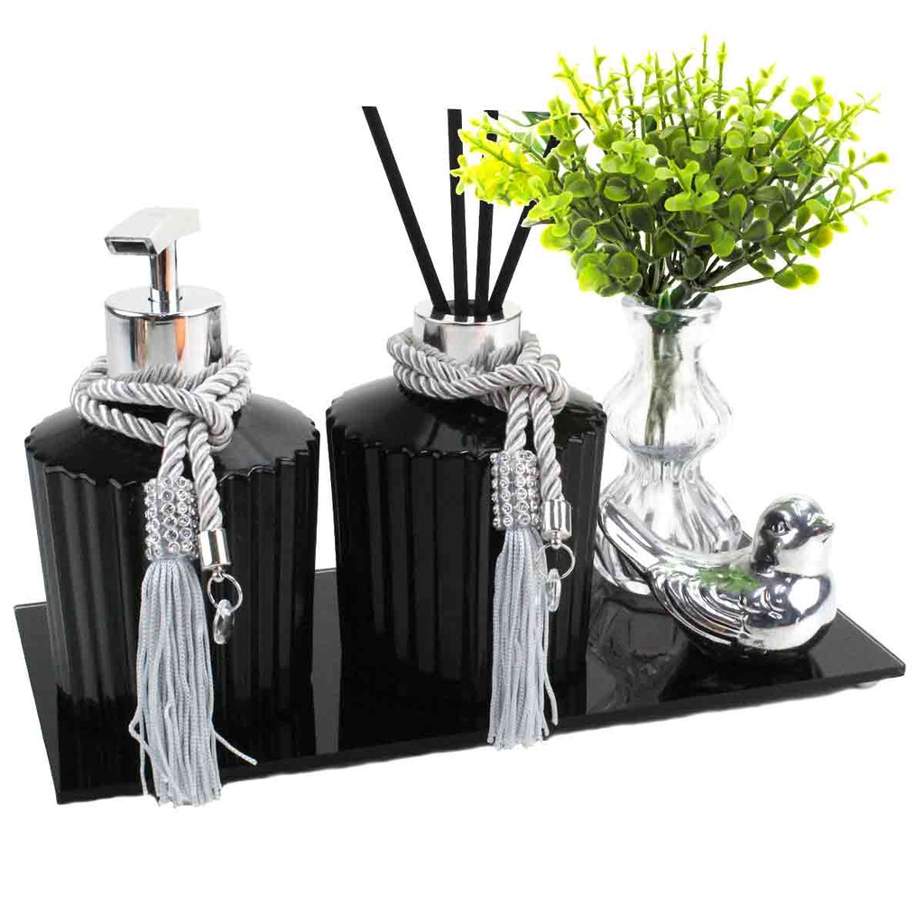 Kit Lavabo Preto Brilhante 250ml Sabonete E Difusor C/ Bandeja