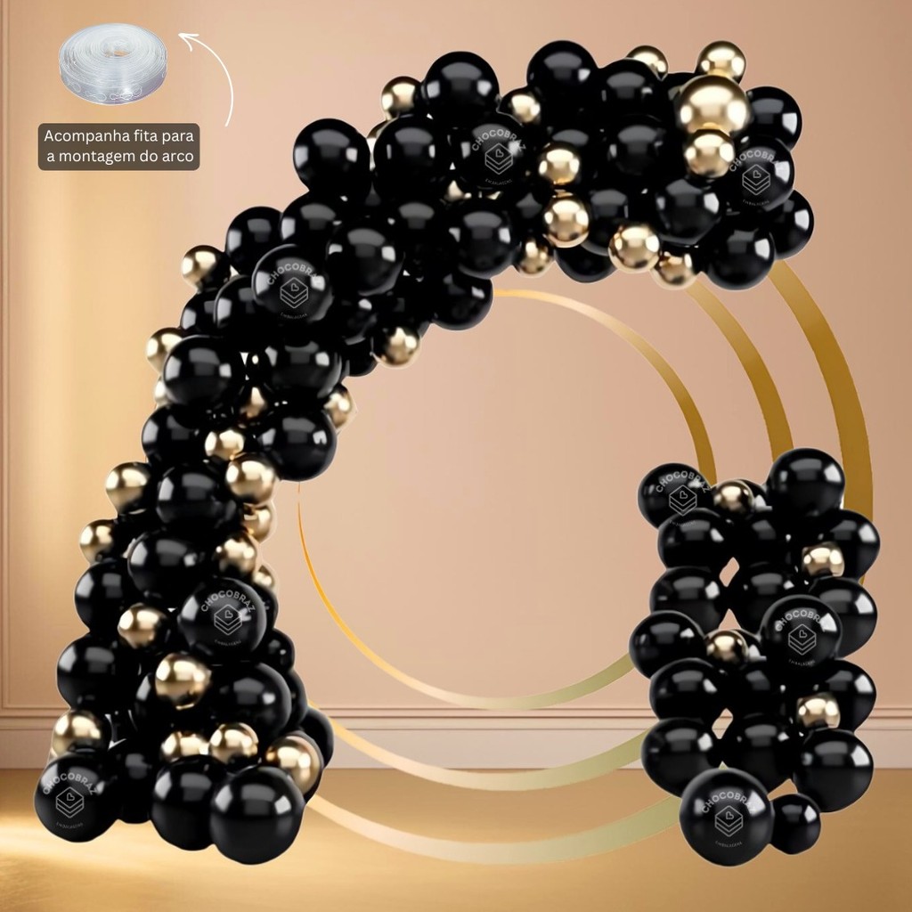 Kit 75 Balões Preto 7”+ OURO Metalizado 5” + FITA - Balão Bexiga Liso/Cromado P/Festas KIT51+F