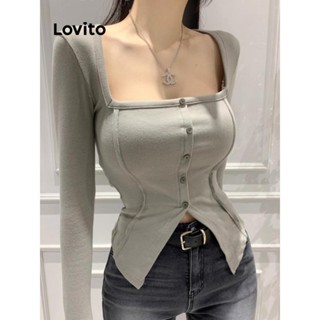 Lovito Camiseta Feminina Casual Lisa Com Botão Frontal Dividido LNA43322