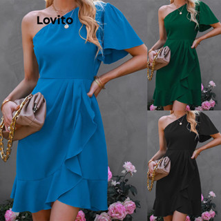 Lovito Vestido Elegante Liso Assimétrico Com Babados Plissados Para Mulheres LNL46154
