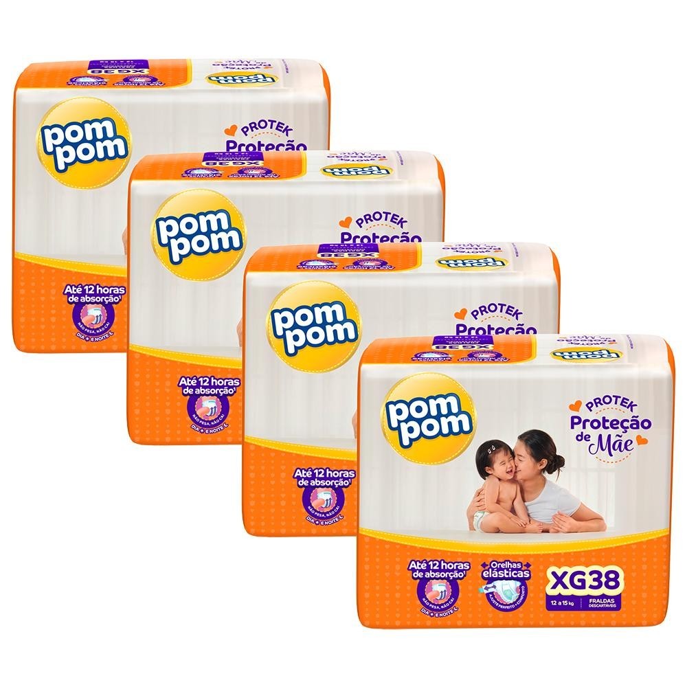 Kit 4 Fraldas Pom Pom Protek Proteção de Mãe Mega XG com 38un cada em Oferta na Shopee