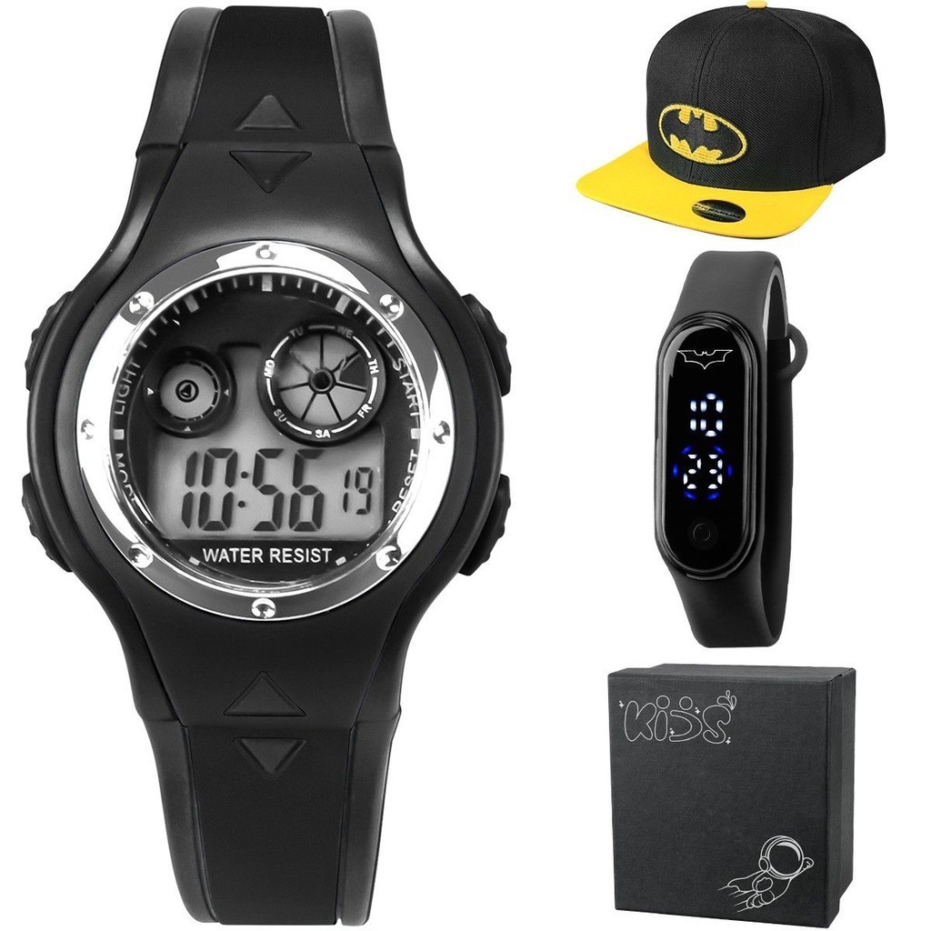 relogio infantil preto batman digital + bone silicone qualidade premium pulseira ajustavel presente