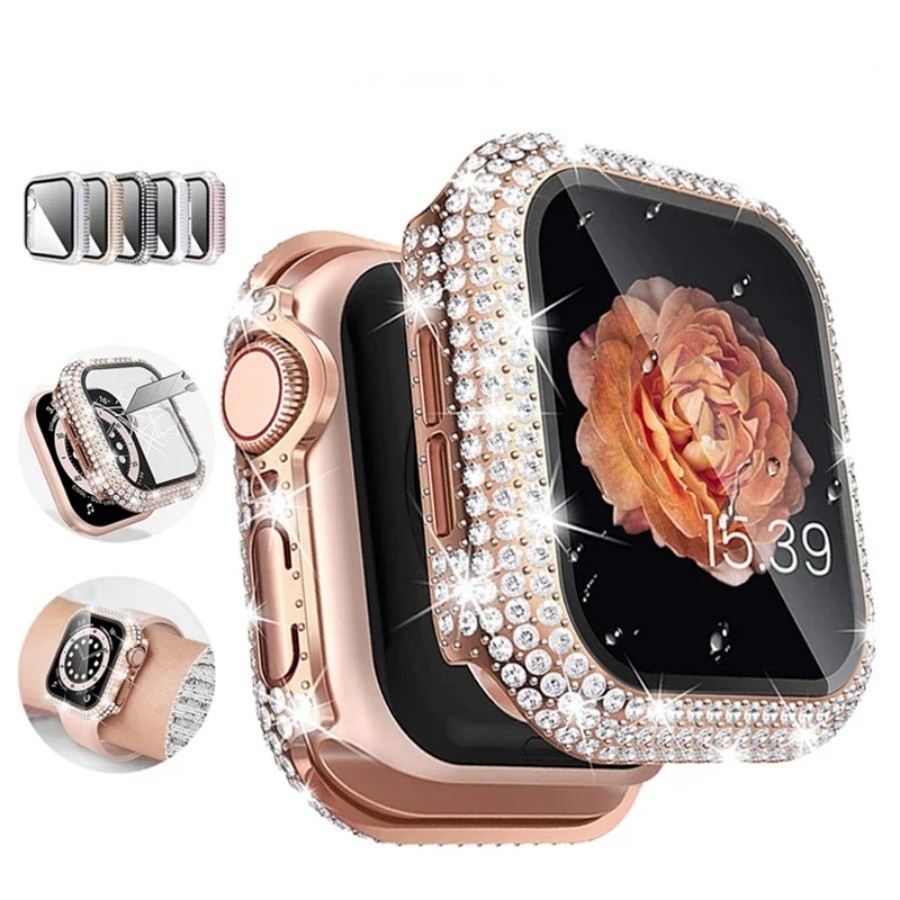 Smartwatch Diamantes Capa Para Apple Watch 40mm 41mm 44mm 45mm 42mm 38mm iWatch Protetora Bling Case De Diamante