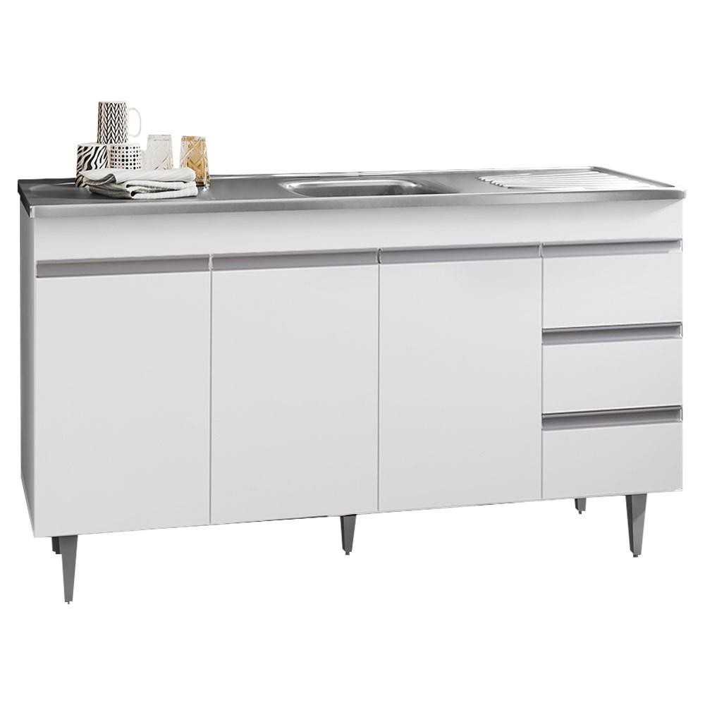 Balcão Gabinete com Pia Inox 150cm 3 Portas 3 Gavetas Andréia Branco - AJL Móveis em Oferta na Shopee