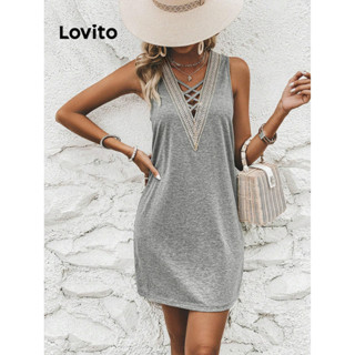 Lovito Vestido com Cruz de Fita de Contraste Lisa Casual para Mulheres LBL08381