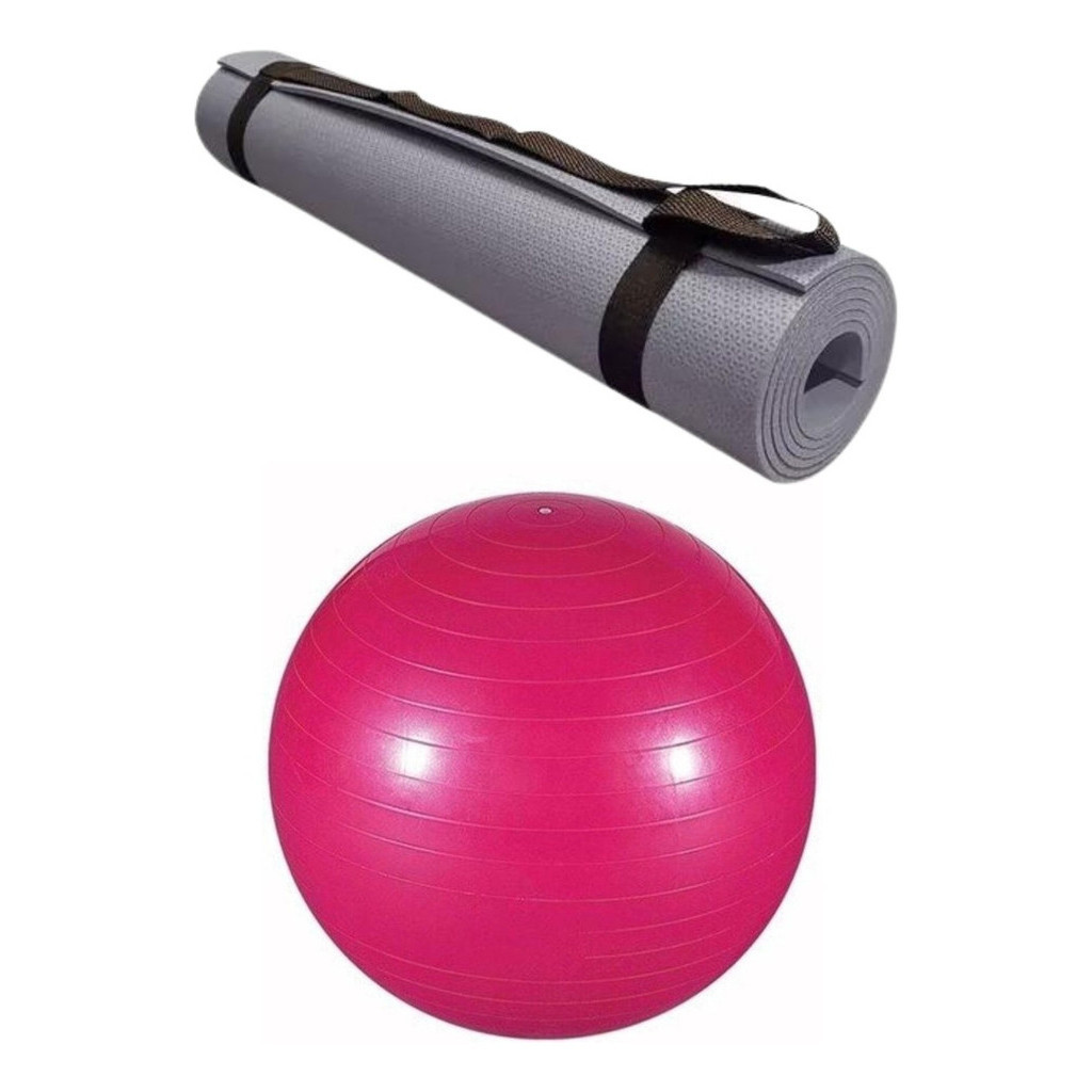 Imagem Tapete Colchonete Alça Transporte + Bola Rosa Inflável 65cm Meditação Exercicios